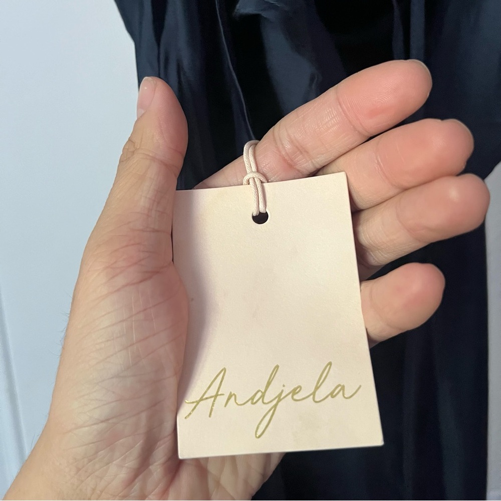 NWT ANDJELA Kate navy blue satin draped cowl sleeveless slip midi dress - Picture 4 of 7